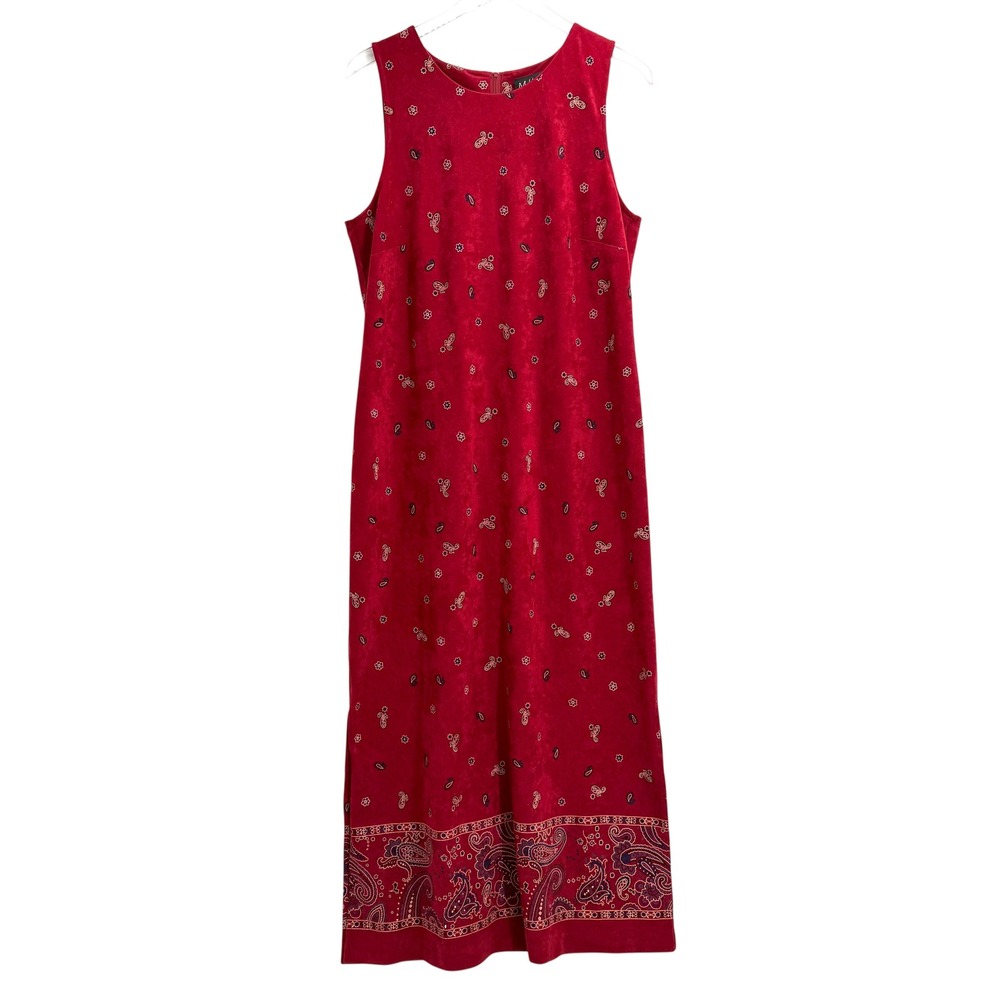 VTG 90s Faux Suede Paisley Sleeveless Maxi Dress Size 14 Boho Red Phoebe Style